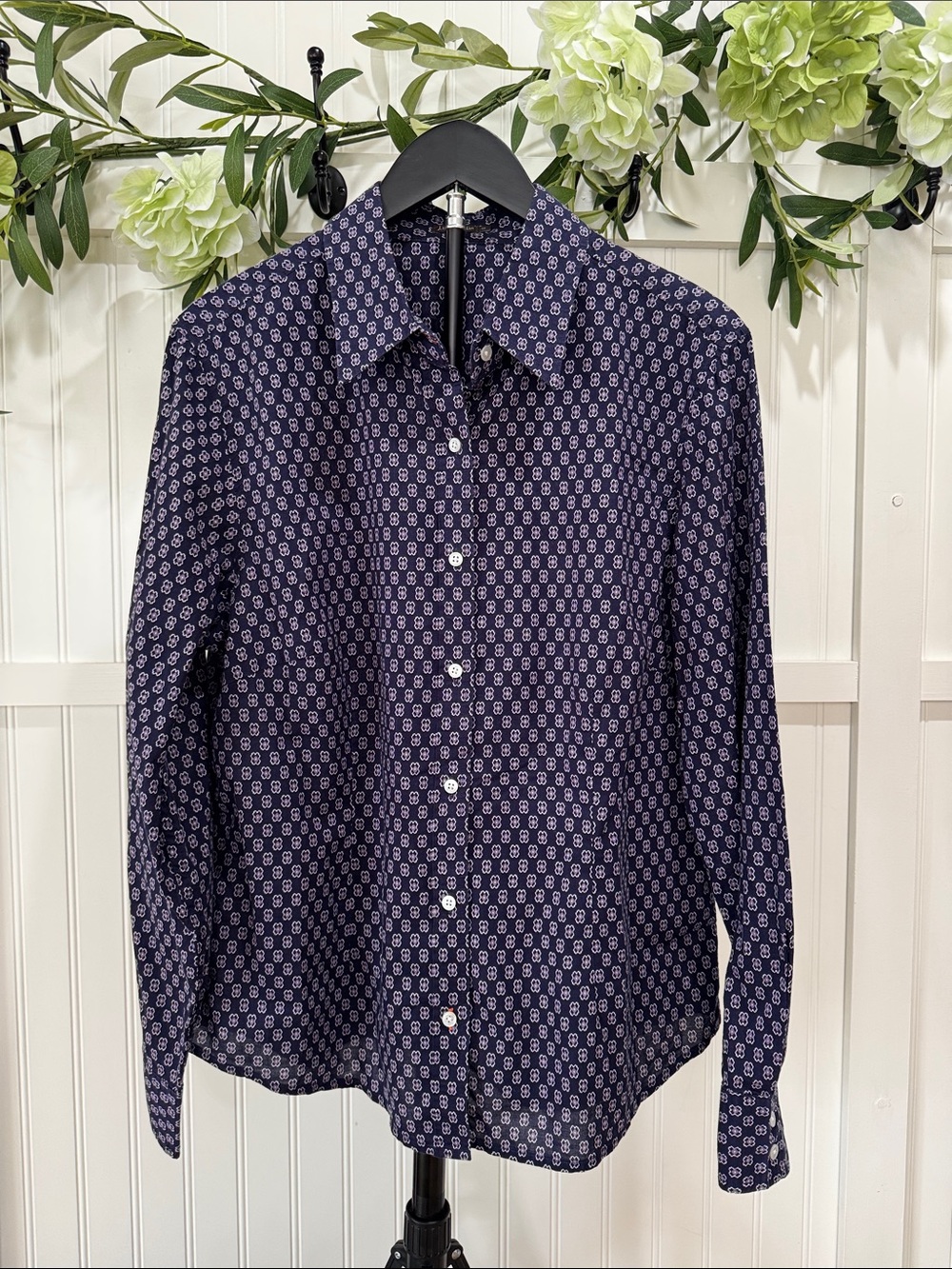#854 J McLAUGHLIN Navy Purple Printed Button-Down Cotton Shirt